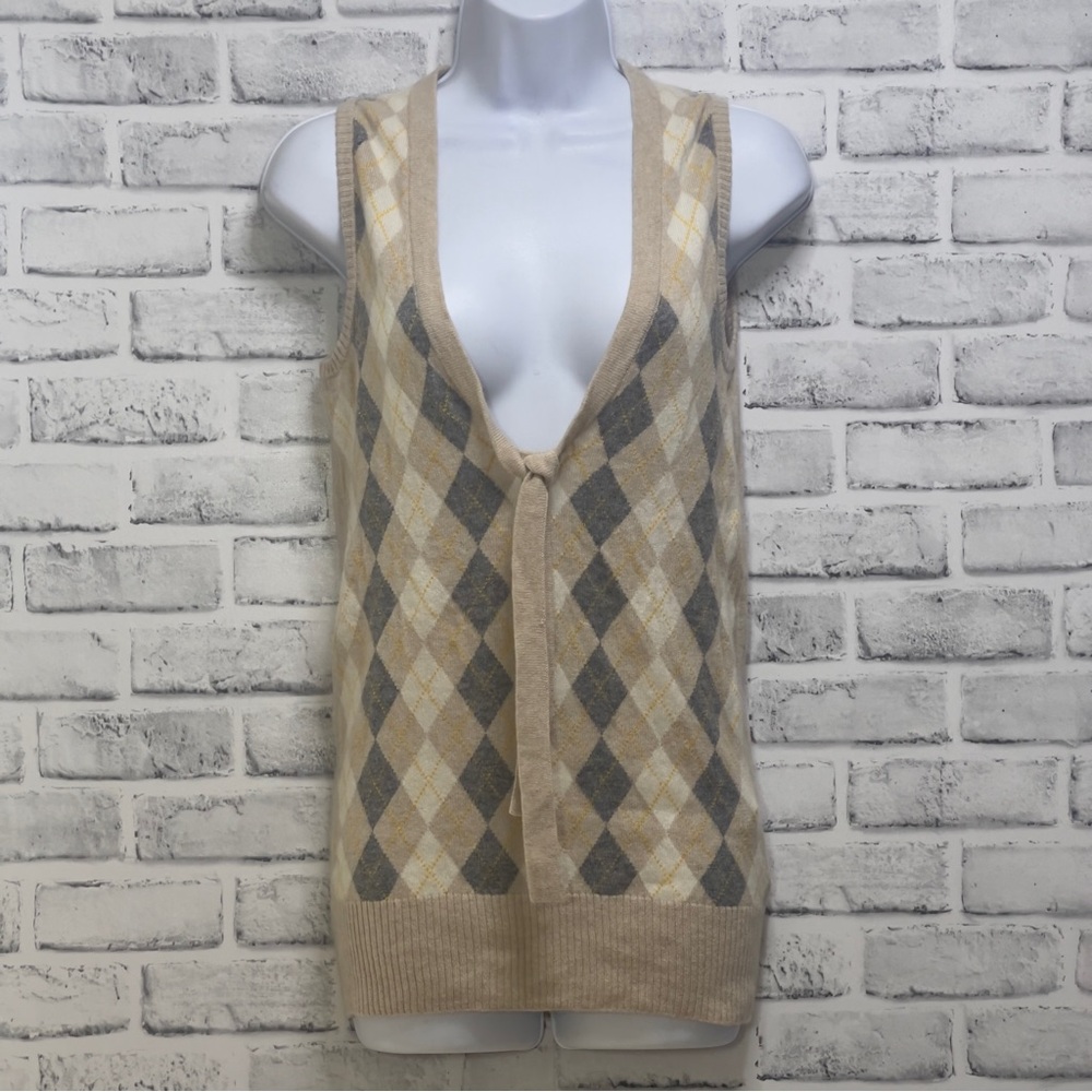 J.Crew Sontuisa 100% Cashmere Argyle Tie Bow V-Neck Pullover Sweater Vest Small